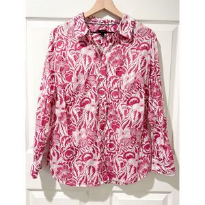 Talbots Plus 1X 100% Cotton Button Up Top Pink Floral Tropical Light Resort